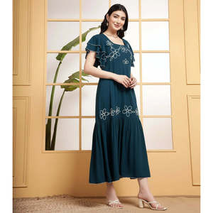 Deebaco Women's A-Line Teal Viscose Maxi <b>Dress</b> With White Floral Embroidery Ruffle Sleeves Scoop Neck Boho <b>Loose</b> Fit Summer - Product Image 5