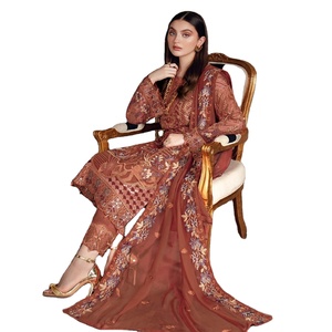 ชุดสูทแต่งงานผ้าชีฟอง3ชิ้นสำหรับผู้หญิงดีไซน์เนอร์จากปากีสถานลายบั้ง3ชิ้นสำหรับงานปาร์ตี้อินเดียและปากีสถาน - Product Image 1