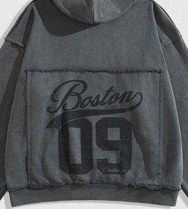 À la mode hommes personnalisé lettre imprimé lavage à l'acide sweat à capuche zippé décontracté à manches longues goutte épaule poche capuche pour hommes - Product Image 4