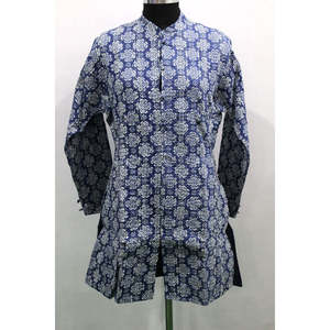 Women's Reversible Blue <b>Kantha</b> Stitch Cotton <b>Jacket</b> Floral Print Lightweight Bomber Style Patchwork Decoration Short Leather - Product Image 1