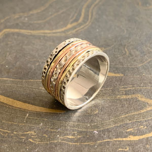 Classic Religious Trendy Rose Gold and Gold Plated Three Tone <b>Spinner</b> RingResizable Inlay Style Geometric Shape 10.4 Grams - Product Image 1