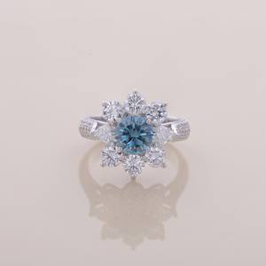 IGI Certified Blue Round Lab Grown Diamond With Side Trillion Cut Floral Halo Engagement Ring in <b>Solid</b> 925 Sterling <b>Silver</b> - Product Image 1