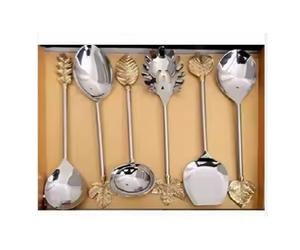 Ensemble de couverts en métal au look étonnant, finition argentée brillante, service à salade avec poignée en or au design antique, ensemble de 8 pièces - Product Image 1