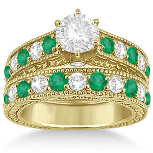 14k Yellow Gold Fine Jewelry <b>Set</b> Antique Diamond & Emerald Bridal Ring 2.51ct - Product Image 1