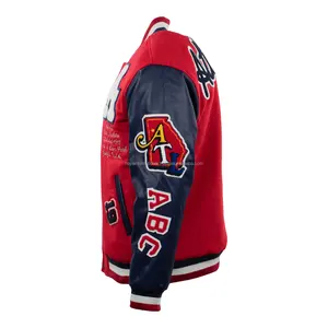 Chaqueta Varsity Personalizada para Hombre, Cuerpo de Lana, Mangas de Cuero Genuino, Bordado con Letras, Estilo Béisbol, Color Rojo - Product Image 5