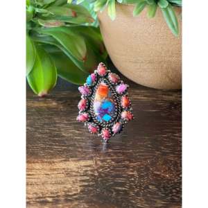 Southwest Handmade Multi Stone <b>Sterling</b> <b>Silver</b> <b>Adjustable</b> Cluster <b>Ring</b> Marquise Cut Natural Gemstone Bezel Set Everyday Wear - Product Image 1
