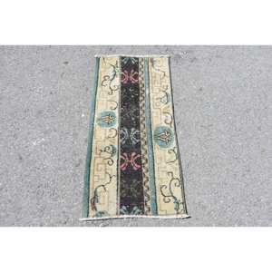 <b>Traditional</b> Beige Black 1.5x3.2ft Wool Handmade <b>Rug</b> Turkish Patchwork Rectangle Hallway Design for Living Room Bedside <b>Rug</b> Latex - Product Image 1