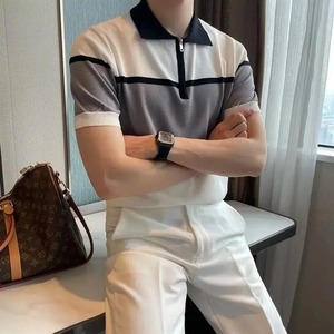 เสื้อโปโลลำลองธุรกิจฤดูร้อนแขนสั้นผู้ชาย, เสื้อยืดแขนสั้นหลวมเกาหลีพิมพ์ลายทางมีซิป - Product Image 4