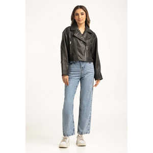 Chaqueta Blazer de Cuero PU para Mujer, Personalizable, Estilo Motero, Manga Larga, Cuello Camisero, Color Liso, Otoño-Primavera - Product Image 5