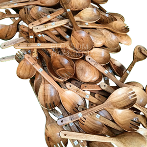 Cuchara de Cocina Ecológica de Madera de Teca y Acacia, Vajilla Artesanal, Grabado de Logotipo Personalizado, Acabado Espejo Dorado, Hecho en India - Product Image 5