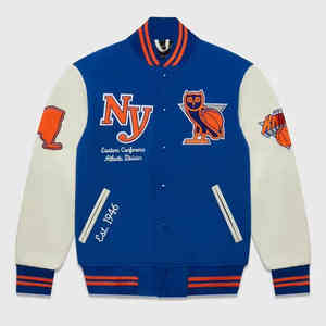 OEM chaqueta de béisbol Letterman Varsity Bomber para hombre personalizado Chenille bordado parches en tela con capucha mangas de cuero - Product Image 1