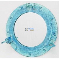 Espejo de Aluminio Azul con Forma de Ojo de Buey, Decoración de Pared Marítima Vintage, Decoración Costera para el Hogar, Acabado Azul Antiguo, Temática Naval, 12 Pulgadas, Fundición