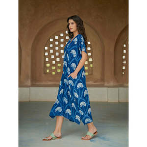 Arohi Indigo Digital Print Modal Empire Waist <b>Kaftan</b> <b>Dress</b> - Product Image 6