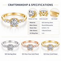 Bague en argent sterling 925 avec moissanite ronde de 6,5 mm (1 carat) et pierres latérales en zircon, plaquée or, personnalisable, vente en gros, bijoux de mariée sur mesure