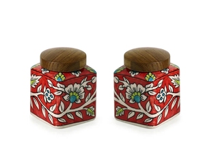 Mughal Cuboidal' Multi-Purpose Storage Jars & Containers In Ceramic With Wooden <b>Holder</b> Set of 2 Hand-Embossed Airtight - Product Image 2