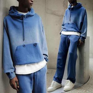 Personalizado liso de gran tamaño Terry Sudadera con capucha pantalones de chándal conjuntos Vintage ácido lavado Joggers chándal en blanco desgastado Rips hombres - Product Image 1