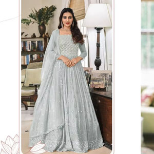 Heavy Faux Georgette con Secuencia bordada Trabajo Hasta el suelo Vestido de menkalinan perfecto para eventos de bodas y fiestas - Product Image 1