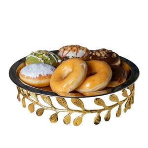 <b>Luxury</b> Gold Finish Stainless Steel Round Serving Tray With Elegant Leaf Base For Wedding Parties Desserts & Home Decor Low Price - Product Image 1