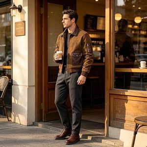 <b>Men's</b> Vintage Brown Faux <b>Suede</b> Bomber <b>Jacket</b> Contrast Pockets Ribbed Cuffs Zipper OEM Service - Product Image 6
