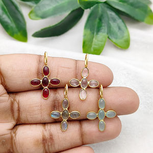 Pendentif croix religieuse en quartz aqua, pierre précieuse ovale minuscule, bijoux à breloques en plaqué or pour femmes - Product Image 3