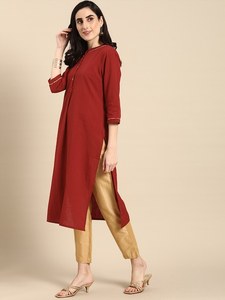 Conjunto de Kurta de Verano 2024 para Mujer, Color Rojo Sólido, Algodón Puro, Elegante, Manga Larga, Cuello Mandarín, con Adorno Zari - Product Image 2