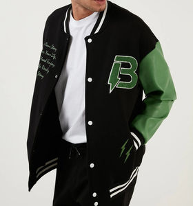 แจ็คเก็ตบอมเบอร์ผู้ชาย แขนหนังตัดสี คอเสื้อถักลายทาง แต่งผ้าปักลายเชนิลล์ - Product Image 5