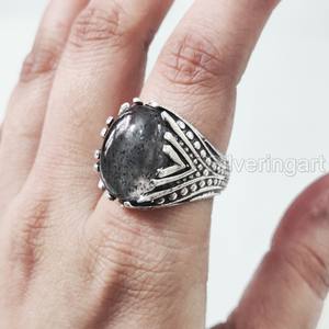 Anillo de Plata de Ley 925 para Hombre al por Mayor con Cuarzo Rutilado Negro Natural, Anillo de Piedra de Nacimiento, Joyería Árabe para Aniversario - Product Image 1