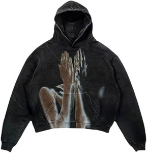 Custom USA sizes Double-Layered Hood 500GSM Cotton Acid Wash Hoodies Vintage Boxy loose fit Distressed Hem Streetwear Pullover - Product Image 5