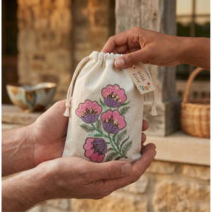 Pink Floral Embroidered Cotton <b>Drawstring</b> <b>Pouch</b> Bag Envelope Sealing for Storage Packaging Clothing Watches Bracelets Jewellery - Product Image 5