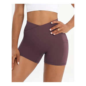 Yoga elástico con bolsillos laterales Pantalones cortos de Yoga para Mujeres Cintura cruzada Gimnasio activo 100% Poliéster con alta y calidad premium - Product Image 4