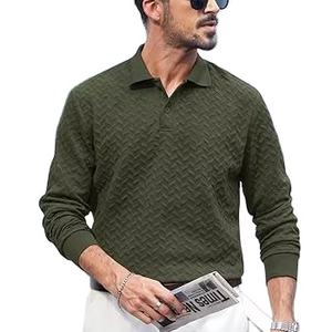 Polos texturizados para hombre, Jersey informal elástico de manga larga con botones, Top clásico de golf - Product Image 1