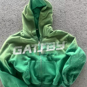 Sudadera con capucha vintage desgastada con efecto descolorido por el sol, estampada y bordada, con bolsillo, corte regular, cremallera, pedrería, lavado ácido verde, de peso pesado, 100% algodón - Product Image 1