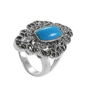 Anillo de cóctel vintage de plata 925 con piedra turquesa y engaste de marcasita para mujer, joyería de uso diario. - Product Image 3