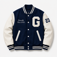 Veste de baseball en laine bleu marine avec logo personnalisé, manches en cuir blanc, broderie chenille, veste varsity pour homme, OEM