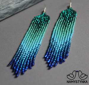 Modern <b>Turquoise</b> Glass <b>Bead</b> Earrings with Cascading Fringe Design Unique Jewelry Gift From MS Handicraft - Product Image 2