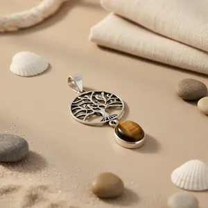 Collar con Colgante de Árbol de la Vida de Plata 925 con Piedra de Ojo de Tigre, Colgantes con Baño de Rodio, Patrón de Números en Oro Rosa y Platino - Product Image 1