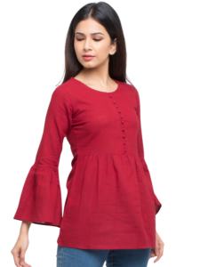 Modern style women's traditional maroon cotton slub <b>top</b> solid and round neck <b>top</b> bell sleeves <b>indian</b> cotton <b>tops</b> wholesale - Product Image 4