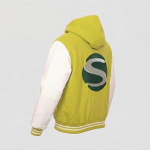 Blouson Bomber Bicolore Vert Citron et Blanc avec Capuche, Logo Personnalisé, Boutons Pression, Style Décontracté Streetwear – Fabrication Professionnelle - Product Image 5