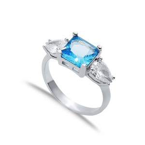 Square Aquamarine Pear <b>CZ</b> Stone Cluster <b>Ring</b> Wholesale Turkish Handmade 925 Sterling Silver Jewelry for Women - Product Image 1