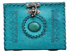 Uniuq Design 7X5 200 pages fait à la main en cuir gaufré bleu aqua Journal intime 100% véritable pierre unique serrure en métal belle - Product Image 4