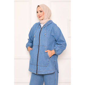 Ensemble en jean bleu pour femme avec fermeture éclair et poche kangourou - Product Image 3