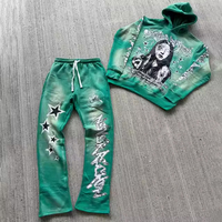 ACID WASHED Survêtement en détresse broderie logo 450gsm Survêtement Pour Hommes évasé à capuche et pantalons de survêtement Ensembles survêtements à fermeture éclair