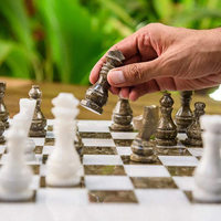 Minerals Route Jeu d'échecs en onyx naturel sculpté à la main, avec figurines d'anges sculptées robustes, plateau de jeu de luxe pour tournoi intérieur