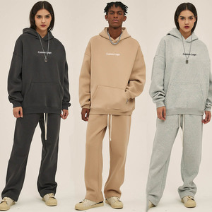 Sudadera con capucha de gran tamaño de lana gruesa, pierna ancha recta, pantalones acampanados para correr, conjunto de chándal sólido de alta calidad, ropa de entrenamiento para correr - Product Image 1