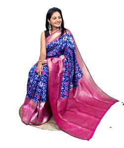 Patola de seda índigo Saree con pieza de blusa de Fabzone - Product Image 1