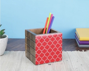 Moroccan Red Mango Wood Pen <b>Holder</b>/ <b>Desk</b> Organizer Wooden Desktop <b>Pencil</b> Cup Office Supplies Organizer Caddy Stand - Product Image 2