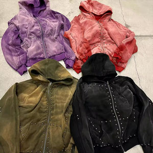 Sudaderas con capucha de diamantes de imitación con remaches y cremallera de lavado ácido desteñido por el sol de gran tamaño, logotipo personalizado de alta calidad, 500g/m², 100% algodón - Product Image 5