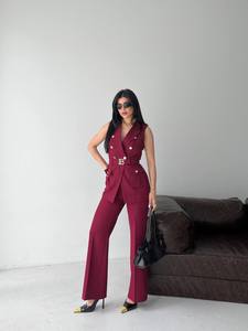 Summer Made Turkey 2-Piece Eco-Friendly Vintage <b>Pants</b> Set Elegant Sleeveless Blazer Vest Wholesale Custom Wide Leg Trousers - Product Image 1