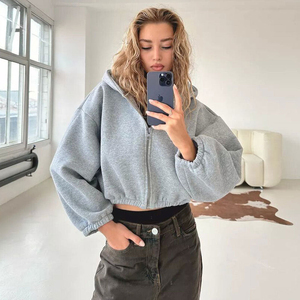 Trendy High Quality Solid Color <b>Custom</b> Zip up Drop Shoulder <b>Balloon</b> Sleeves Oversized Crop Top Hoodie Women premium hoodie zip - Product Image 3