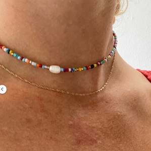 Beaded Pearl Accent Choker, Seed Bead Jewelry, Multi-Color Choker Fringe Beaded <b>Bandana</b> - Product Image 1